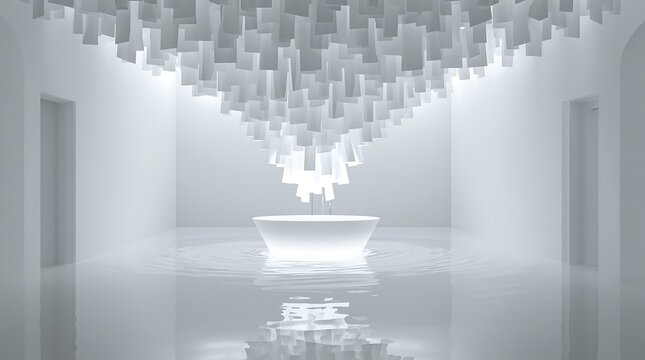 Abstract minimalist white room with glowing pedestal and suspended geometric art installation.