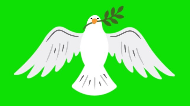 Peaceful dove holds olive branch on green background illustration