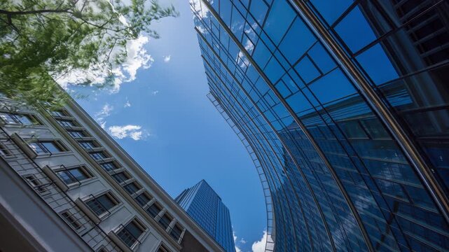 Looking up at modern downtown glass skyscrapers, wide shot time-lapse of financial district office towers and urban architecture under blue sky