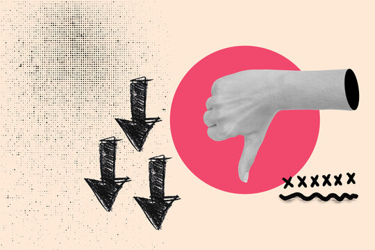 Collage de una mano con el pulgar hacia abajo con flechas y un circulo rosa en un fondo beige. Vista de frente y de cerca. Copy space