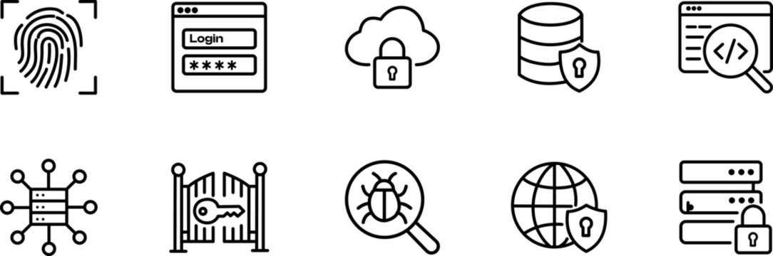 Set of line icon vector for cybersecurity, data protection, and network security, isolated on white background