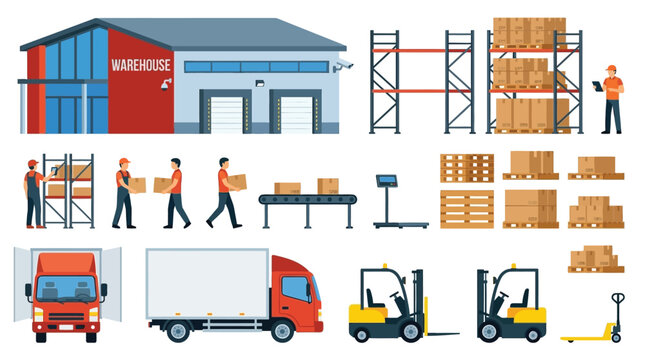Warehouse logistics illustration with workers vehicles and storage shelves