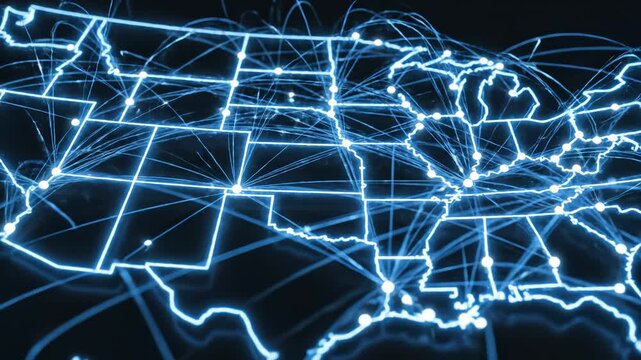 Glowing Blue Digital Network Overlay on USA Map Showing Interconnected States and Data Flow