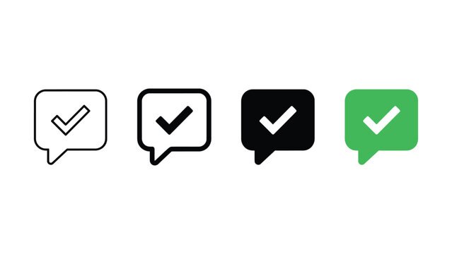 Confirmed message icon. Approved chat symbol. Check mark bubble sign. Simple pictogram for successful reply, accepted feedback, verified comment and communication interface design.
