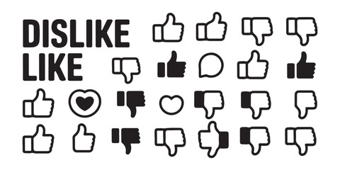Fototapeta premium Comprehensive icon library for social media feedback featuring thumbs up dislike and hearts styles.