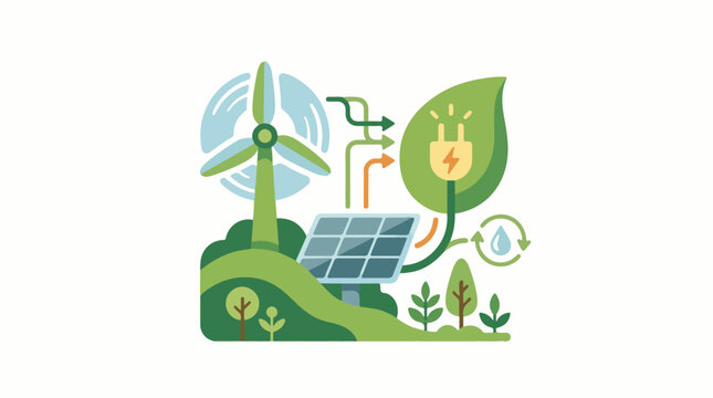 A green landscape with a wind turbine solar panel and leafy elements