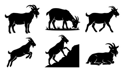 Obraz premium Goat Silhouette Collection with Six Farm Animal Poses Black Isolated Vector Set