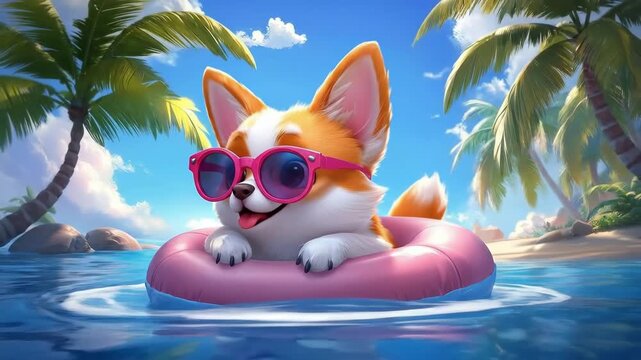 Adorable cartoon corgi with sunglasses floating on pink inflatable in tropical paradise