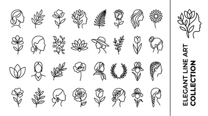Obraz premium Set of Elegant Line Art Collection Featuring Minimalist Botanical Flora and Feminine Silhouette Profiles for Creative Graphic Design Projects