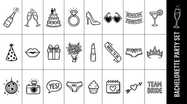 Bachelorette party doodle icons featuring a black silhouette style collection of wedding and celebration elements for fun event planning