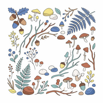 Colorful illustration of various mushrooms and plants.