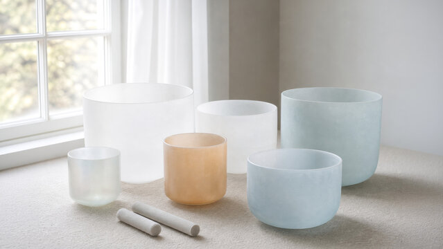 Frosted crystal singing bowls for sound bath therapy on a soft neutral surface.