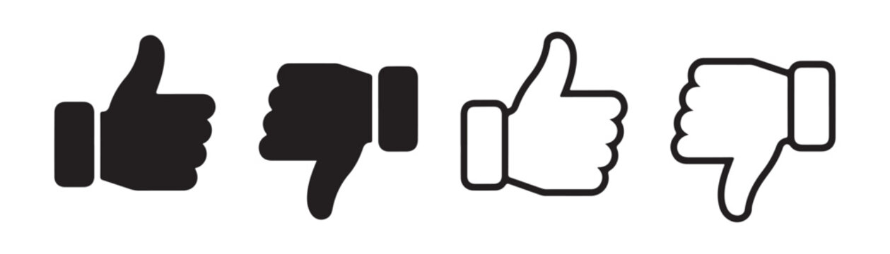 Set of thumbs up and thumbs down icons for voting and social media feedback in black vector design.