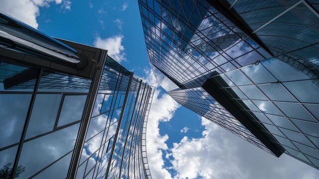 Looking up at downtown glass skyscrapers in low angle wide shot time-lapse, sunny day in financial district with modern office towers and blue sky