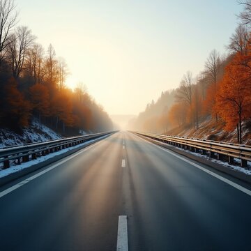 Morning Highway with Warm Sunrise Light Through Forest Landscape