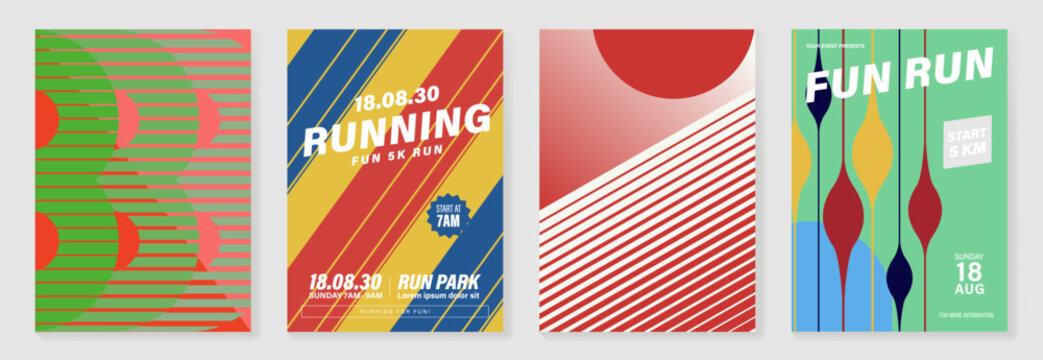 Running poster vector template set with bold geometric sport event layouts, 5k charity race flyer and retro athletic cover design