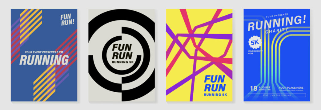Running poster vector template set with bold geometric sport event layouts, 5k charity race flyer and retro athletic cover design