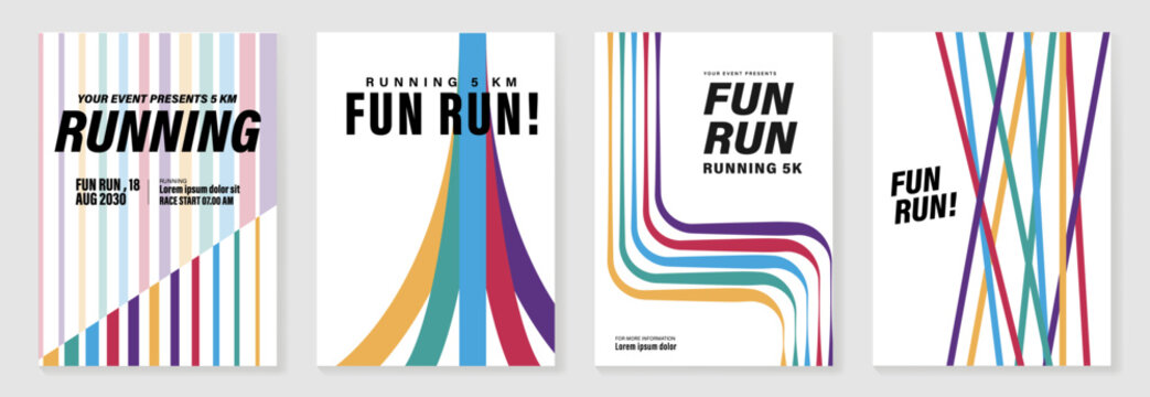 Running poster vector template set with bold geometric sport event layouts, 5k charity race flyer and retro athletic cover design