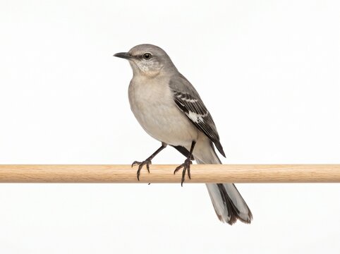 Northern Mockingbird perched on a wooden rod isolated on white