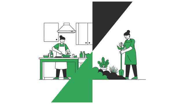 Minimalist Illustration of Woman Cooking and Gardening - Healthy Lifestyle Concept