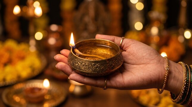Woman Holding Traditional Brass Diya Lamp During Diwali Festival Celebration with Glowing Lights and Sacred Spiritual Ambience