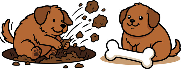 Cute Brown Puppy Dogs Vector Set Featuring One Puppy Digging a Hole in the Dirt and Another Sitting Beside a Large White Bone © monoara