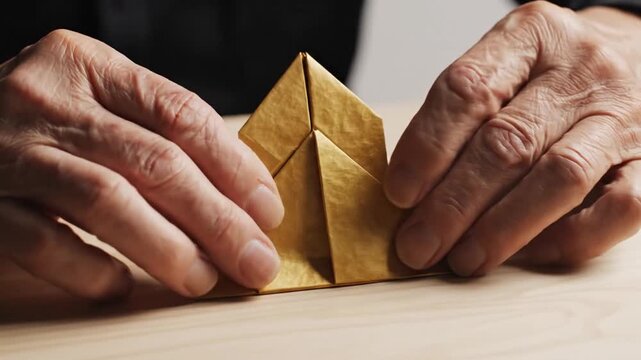 Origami artist carefully folds a golden paper shape with delicate precision to demonstrate the intricate art of paper crafting in a quiet studio setting.
