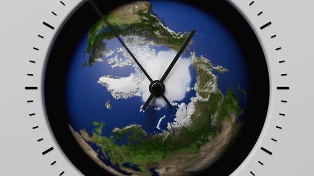 Earth planet clock animation concept representing global time, climate change awareness, environmental responsibility, sustainability and the future of life on our planet