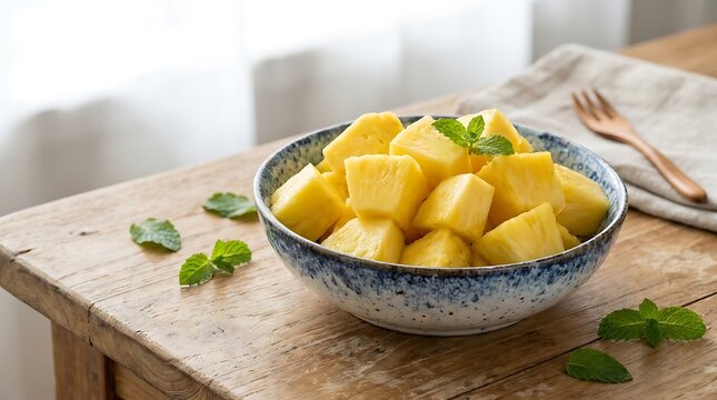 Fresh yellow pineapple chunks in a rustic bowl with green mint leaves on a wooden kitchen table top. pinapple