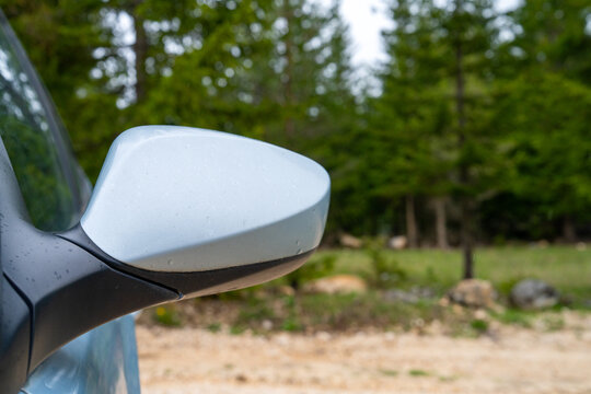 Close-up of a black side mirror on a dark vehicle parked outdoors with green pine tree blurred in the background