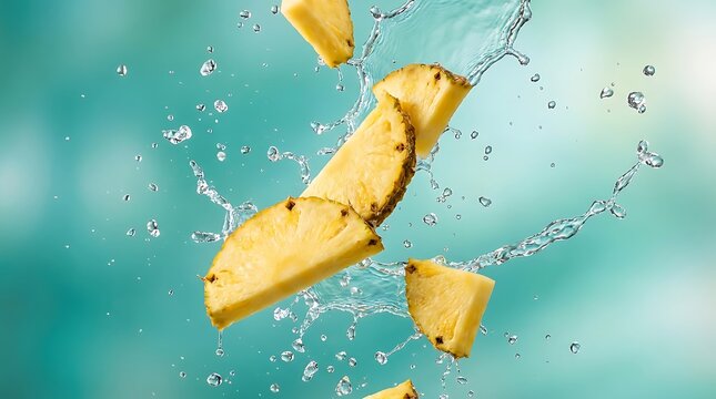 Fresh yellow pineapple slices falling into clear water with bubbles against a soft green background. pinapple
