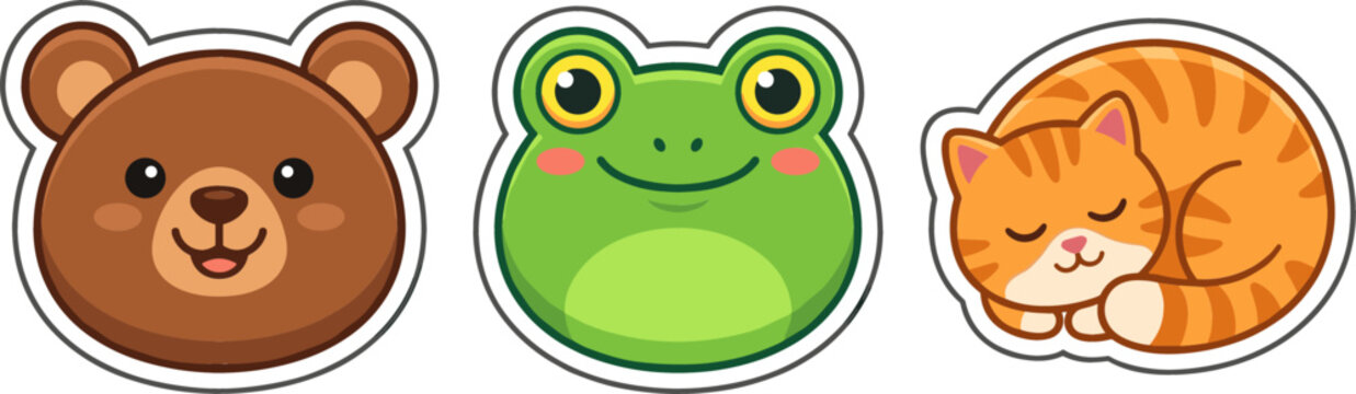 Cute Cartoon Animal Sticker Vector Set Featuring Happy Brown Bear Face Smiling Green Frog Head and Sleeping Orange Tabby Cat