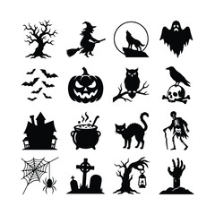 Fototapeta premium Traditional halloween silhouette icons collection with witch ghost pumpkin