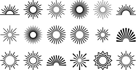 Obraz premium Black Sunburst Icons Set with Radiant Sunrise, Light Rays and Solar Symbols