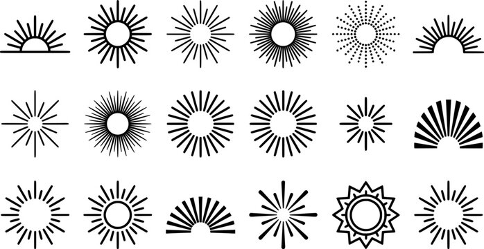 Black Sunburst Icons Set with Radiant Sunrise, Light Rays and Solar Symbols