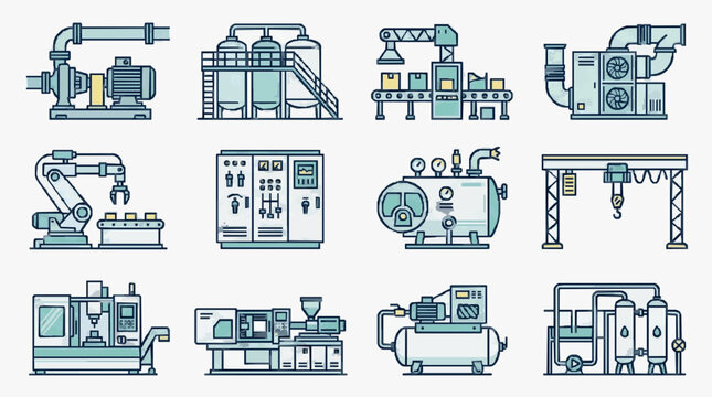Professional Illustrated Collection of Industrial Machinery and Equipment in Blue Grey Minimalist Style