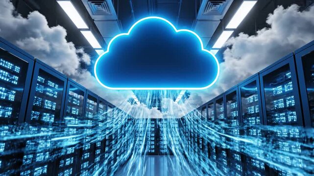 Futuristic Data Center with Glowing Cloud and Streaming Data Flow