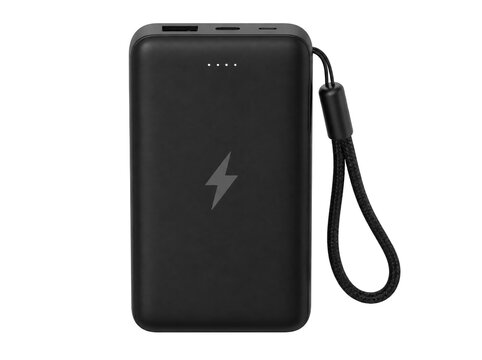 Black portable power bank with wrist strap isolated on transparent background