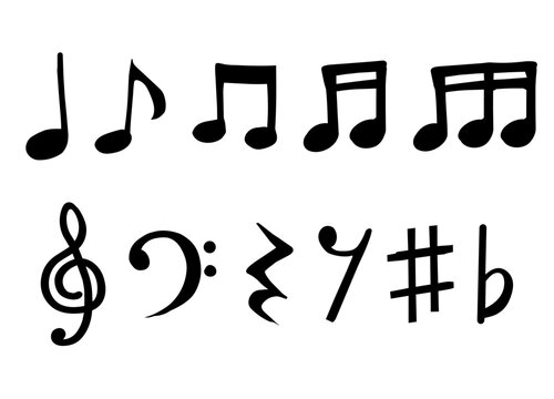 手描きで描いた音符と音楽記号のシンプルアイコンイラストセット