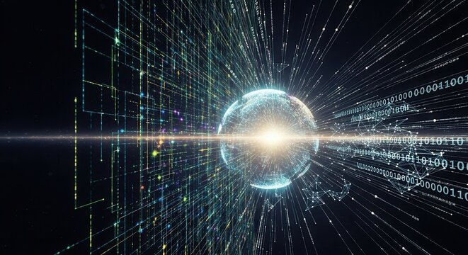 Digital globe radiating data streams with binary code. Concept of secure information flow and cyber protection.