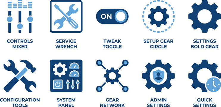 Setup maintenance service tools gear and system panel vector icons for computer engineering settings.