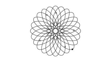Geometric Flower Pattern with Orbiting Dots, Abstract Design, Black and White © Zeyi
