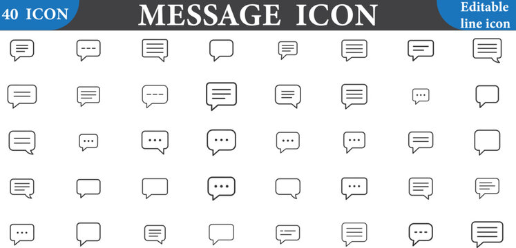 Set of 40 message icons, chat bubble symbols, speech bubble vector icons, communication signs, simple line design, digital messaging elements, notification icons, ui design elements, conversation grap