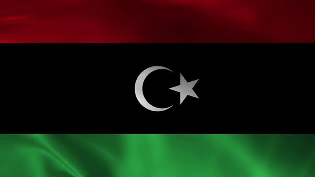 Libya National Flag Waving in Wind, Realistic Libyan Flag Animation with Crescent and Star on Silk Fabric in 4K