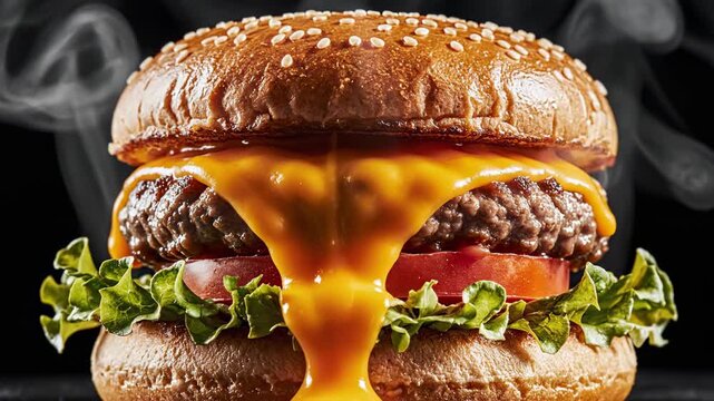 Cheddar cheese melts over a burger with lettuce and tomato in a bright setting
