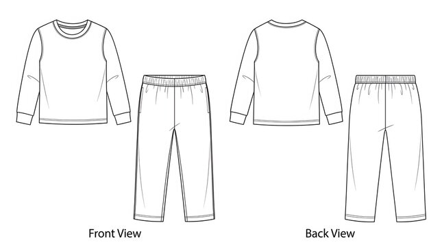 Children Pajama Set Technical CAD Flat with Front View Back View Text Labels &ndash; Long Sleeve Top Pants Elastic Waist Seam Construction Line Art
