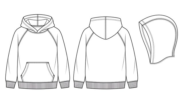 Children's Pullover Hoodie Sweatshirt Technical CAD Flat &ndash; Front Back Hood Detail, Kangaroo Pocket Rib Cuffs Hem, Fashion Line Art Illustration