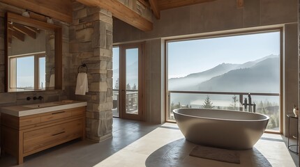 Fototapeta premium Luxurious Bathroom with Mountain View and Freestanding Bathtub.