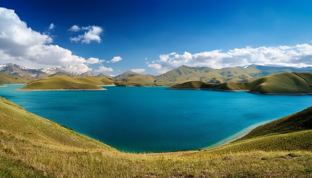 Scenic Landscape Of A Deep Blue Lake With Rolling Hills And Mountains Under A Bright Blue Sky With White Clouds