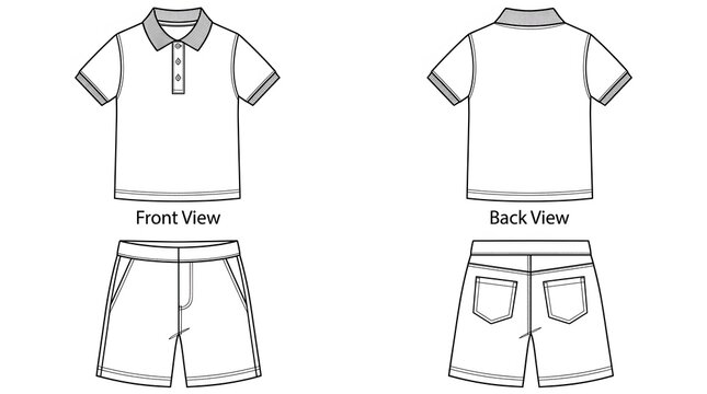 Children School Uniform Polo Shirt Matching Shorts CAD Flat Illustration &ndash; Labeled Front Back View, Collar Placket Waistband Detail, Line Art